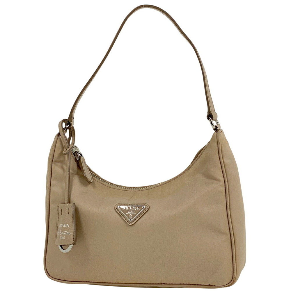 Prada Logo Plate Handbag Tote Bag Beige